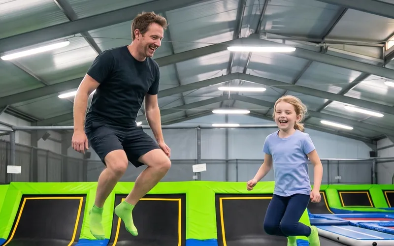 Tata z córką skaczą obok siebie na trampolinach w Jumpout (obraz wygenerowany na tle prawdziwej hali)